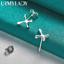 URMYLADY 925 Sterling Silver Cross Stud Earrings For Women Party Fashion Jewelry