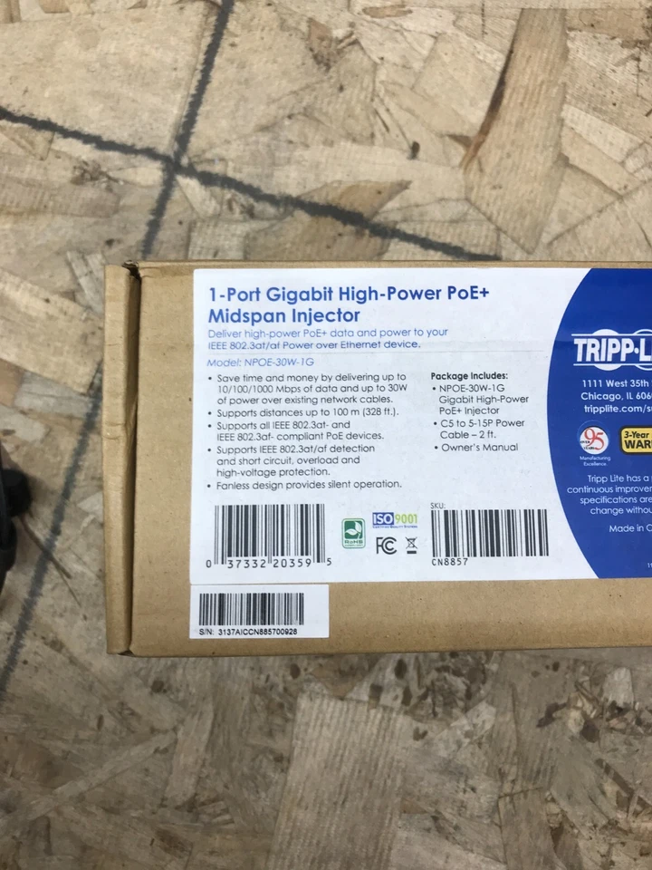 Tripp Lite Power Over Ethernet NPOE-30W-1G Gigabit PoE+ Midspan Injector (S1) ! - Image 2 of 4