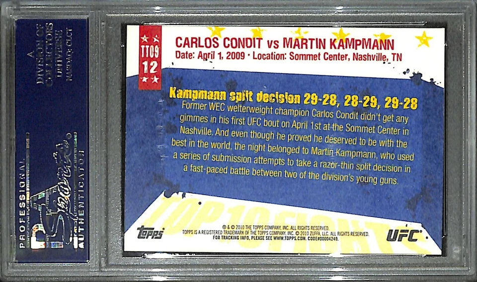 Tarjeta del evento principal Topps UFC firmada por Carlos Condit Martin Kampmann 2010 #12 PSA/DNA Foto 3 de 4