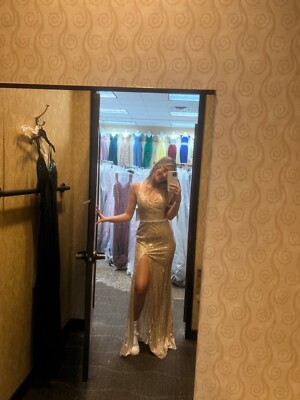 Gold prom dress, wore once. Size 4 and ready to wear!! Ask me any questions  | eBay