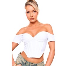 PRETTY LITTLE THING WHITE BANDAGE DIP HEM BUST CUP BARDOT CORSET Small
