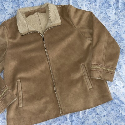 Vintage Y2K Plush Teddy Lined Faux Suede Penny Lane Jacket Contrast Collar  90s