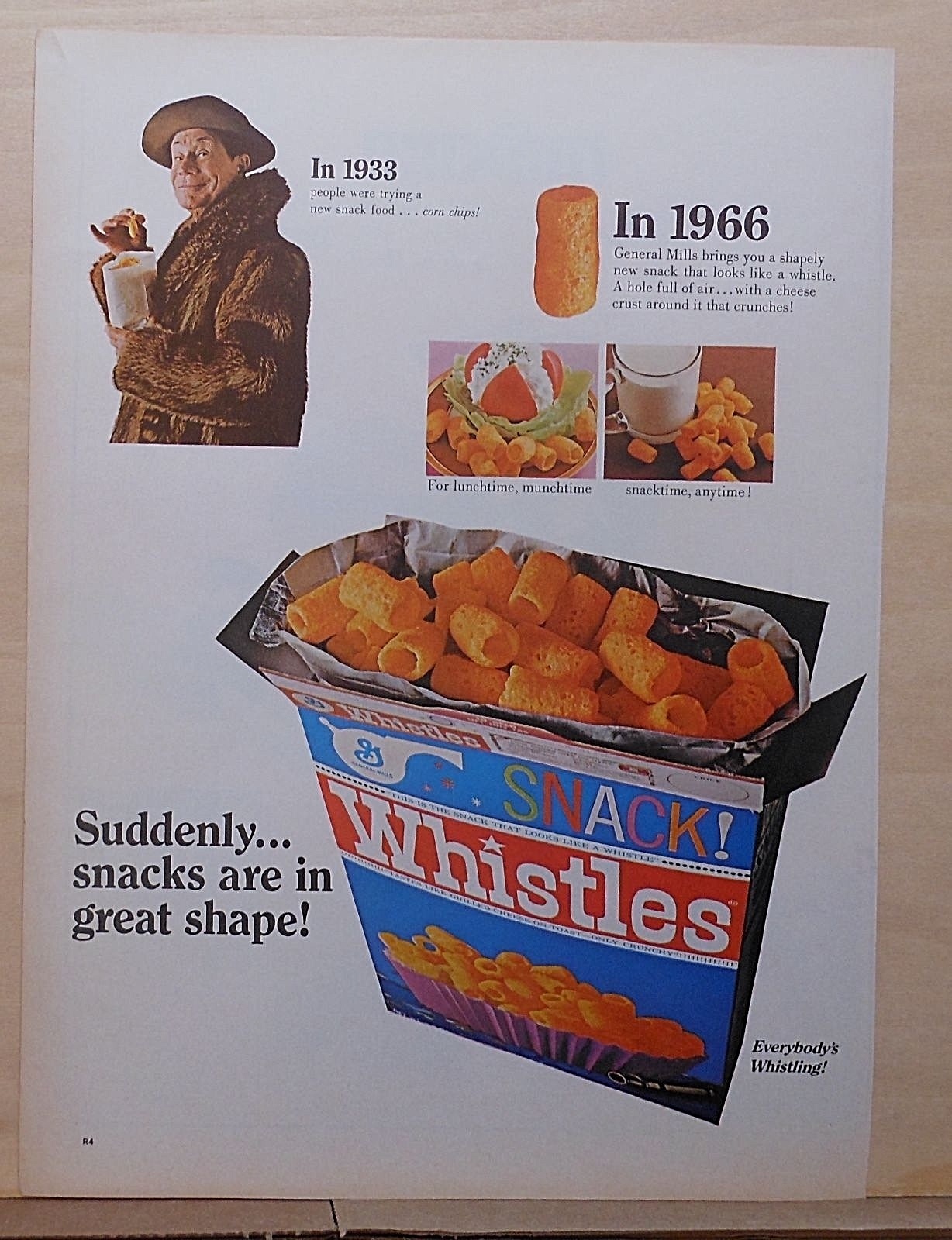1966 magazine ad for General Mills Whistles Snacks Joe E. Brown