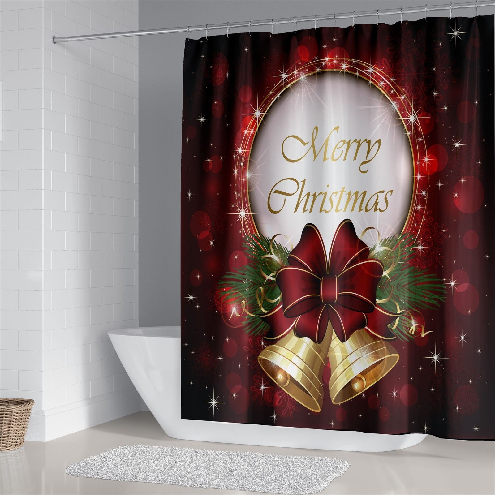 Christmas Waterproof Shower Curtain Bathroom With 12 Plastic C-shaped Hooks As