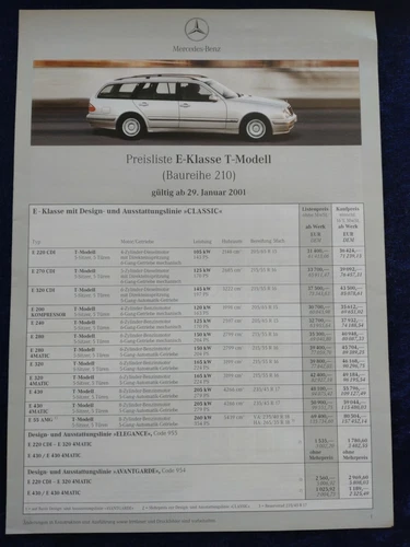 Mercedes W210 E-Klasse T-Modell Preisliste 29.01.2001