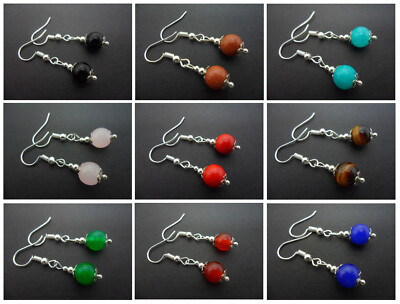 A PAIR OF PRETTY DANGLY JADE/ONYX/TIGERS EYE OR CORAL BEAD EARRINGS. NEW. 