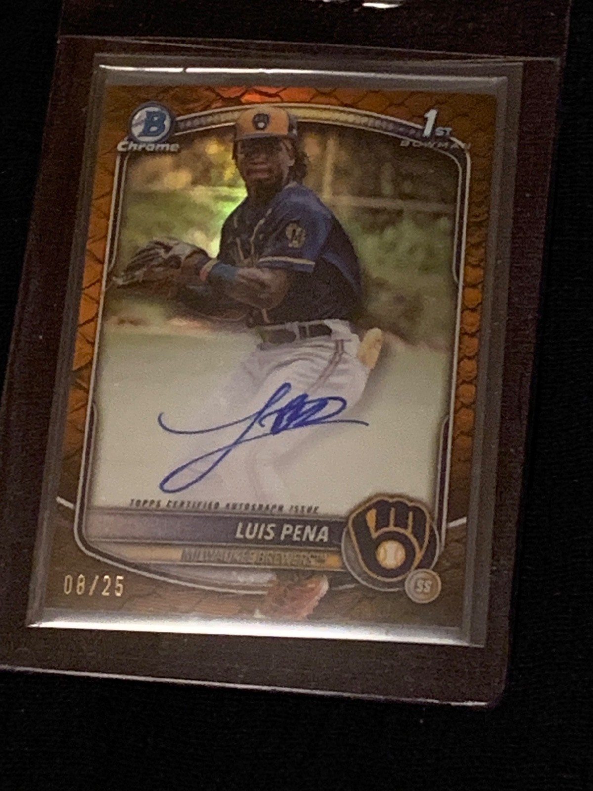 2025 Bowman Chrome Luis Pena 1st Bowman Orange Reptilian Refractor Auto /25