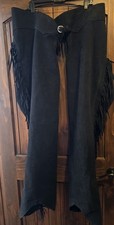 Microsuede Leather Chaps Black Show Full Leg Fringe Zip Plus Size Western Costum