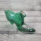 Vintage Fenton Art Glass Green Cat Head Hobnail Iridescent Shoe Slipper Signed