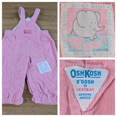 Vintage OshKosh B Gosh Pink Corduroy Overalls Elephant Patch Vestbak USA 18 MO