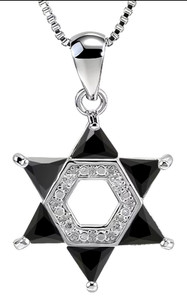 Silver Alloy Star of David Necklace with Obsidian & Cubic Zirconia, 18" Chain