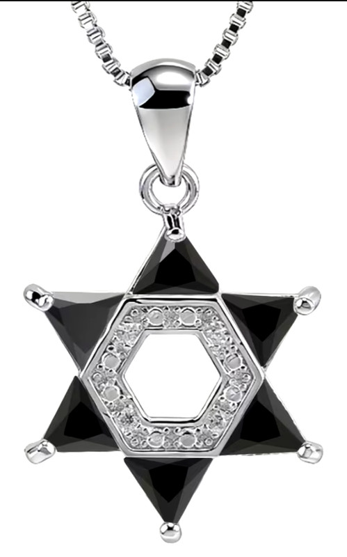 Silver Alloy Star of David Necklace with Obsidian & Cubic Zirconia, 18" Chain