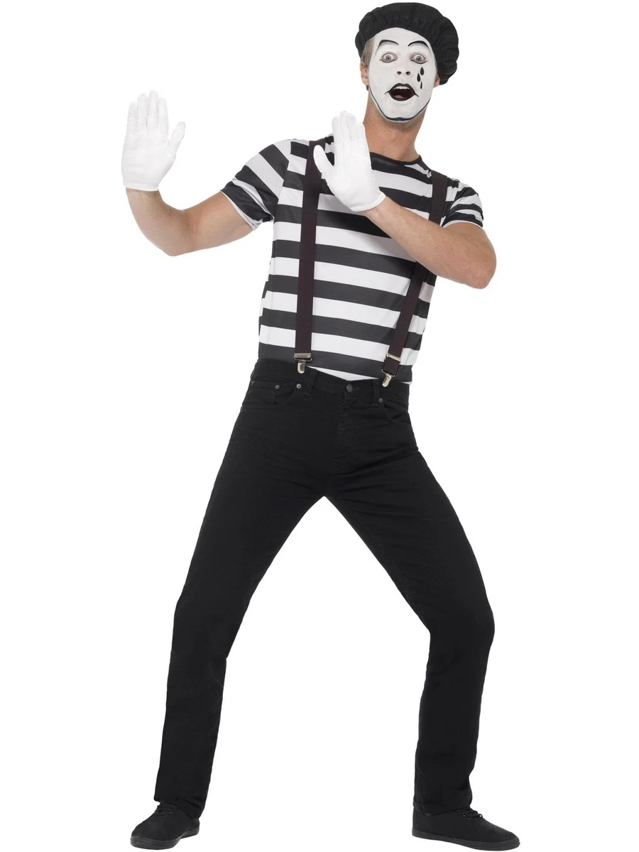 Costume da artista francese MIME ME, composto da guanti, bretelle in cotone, camicie e bretelle, colore nero e bianco, fascia rossa e BERET (X-Large