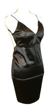 Bozzolo Women's Black Satin Bodycon Dress M Spaghetti Strap Backless Ruched