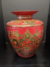 Large 18" Kashmiri Indo-Raj Red Hand-Painted Metal Jar Vessel