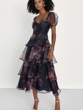Lulus Oh-So Stunning Navy Blue Floral Organza Tiered Midi Dress NWT Large