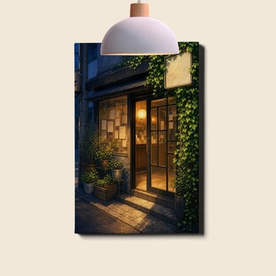 Warm evening lit storefront Poster Print, quaint small shop street scene art