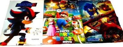 SUPER MARIO, SONIC 2 & 3 MOVIES Lot of 3 ASSORTED WALL HANGING POSTERS 22'' X 34''