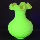 Vintage Fenton Custard Satin Art Glass Green Drapery Vase Ruffled Rim 8"