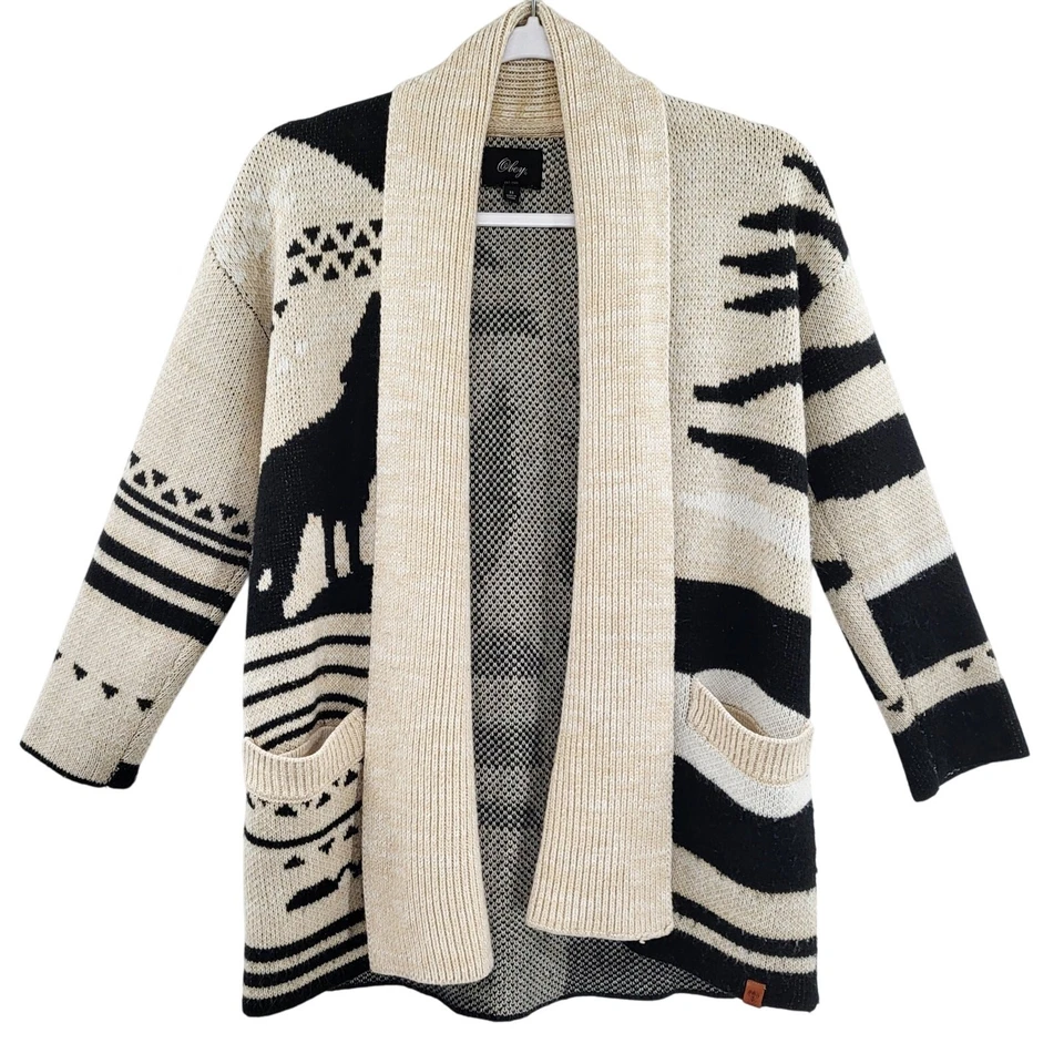 Obey Stone Beige & Black Wolf Western Print Open Front Knit Cardigan Women’s XS - Image 2 of 4