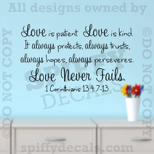 Love Is Patient Kind Never Fails Corinthians Quote Vinyl Wall Decal Sticker