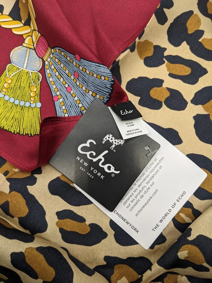 ECHO Cheetah print 100% silk women's square scarf - RED/ GOLD ~ - Image 4 of 4