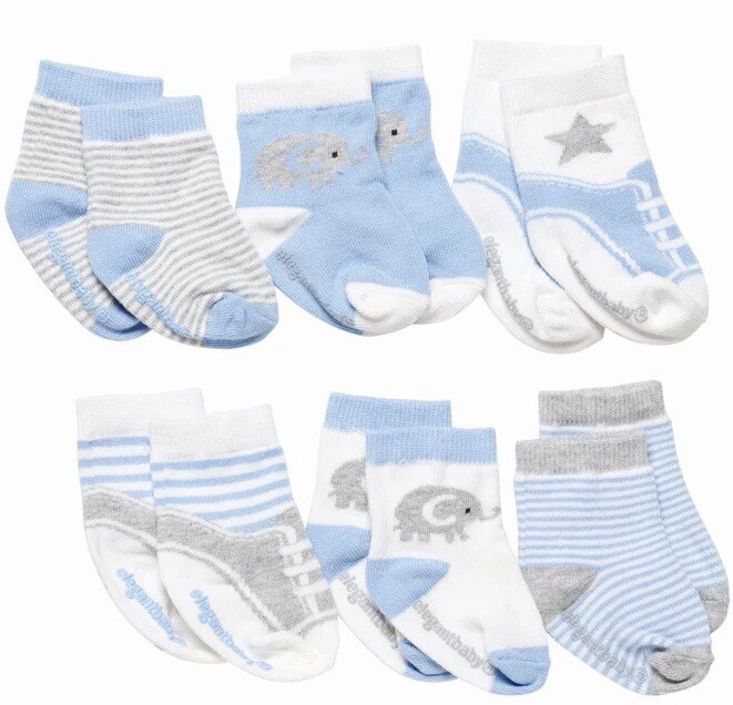 Premuim Infant Boys Gift Set Of 6 Blue Cotton No-Slip Socks 0-12M Elegant Baby