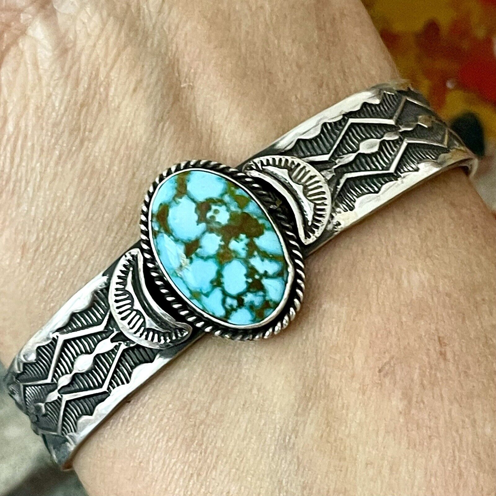 Navajo Hand Stamped Cuff Bracelet Sunshine Reeves 6.5in Turquoise Signed 29g