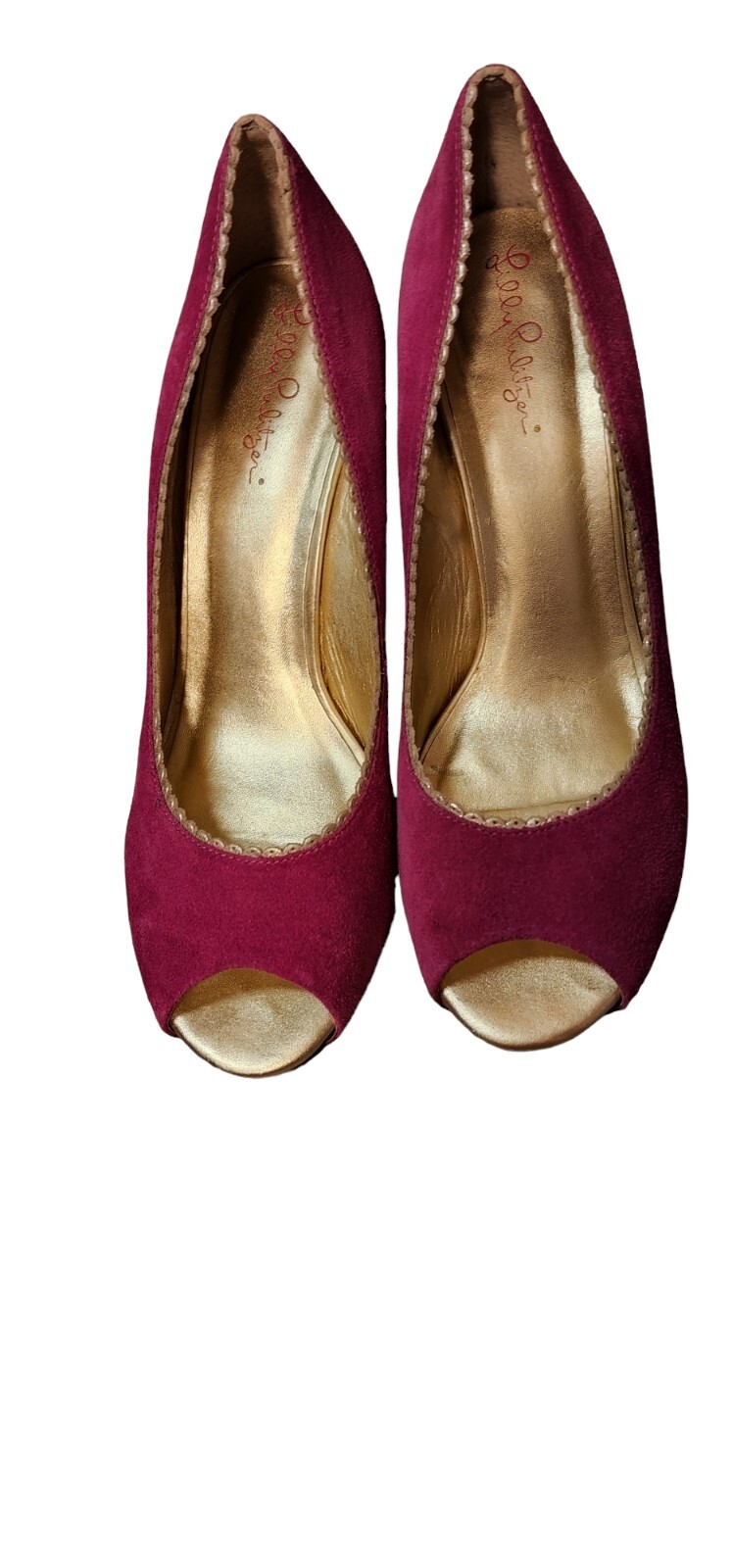 Lilly Lily Pulitzer Hot Pink Suede Gold Leather Wedge Heel Peep