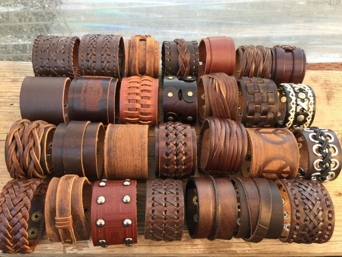 Men's Punk Wide Genuine Leather Belt Wristband Bangle Cuff Bracelet Adjustable - Picture 1 of 60