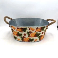 Galvanized Steel Metal Oval Bucket  Planter Rope Handle Orange Spice Pinecones