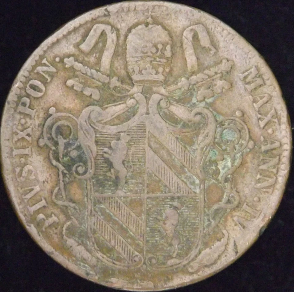 1849-IVR Rare VG Details Dinged Italian Papal States Baiocco - KM# 1339.1 - DM C - Image 2 of 3