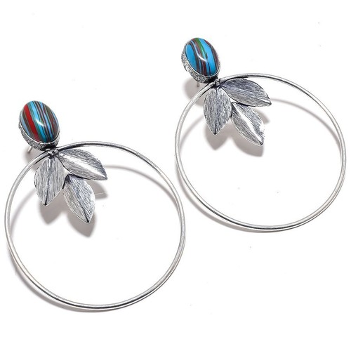 Rainbow Calsilica Gemstone 925 Sterling Silver Earring 2.6" c723 - Picture 3 of 7