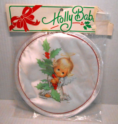 Vtg RUTH MOREHEARD Kitchen Decor Christmas ANGEL HOLLY BABES Potholder Cherub