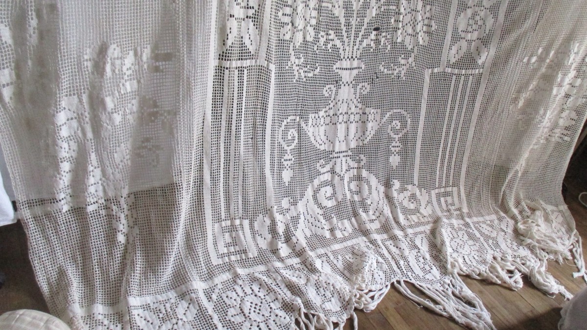 カーテン 1910s French Filet Lace Bed Cover Vintage French