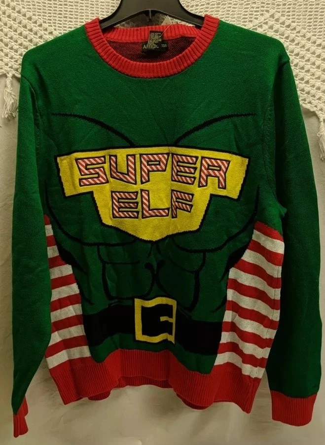 Alex Stevens Men's Super Elf Ugly Christmas Sweater Green 2 XL
