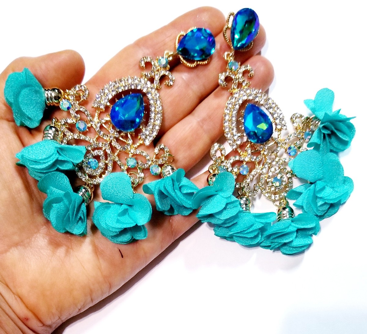 Aqua Rhinestone Statement Drop Earrings Bridesmaid Prom Pageant Jewelry 4.4  in
