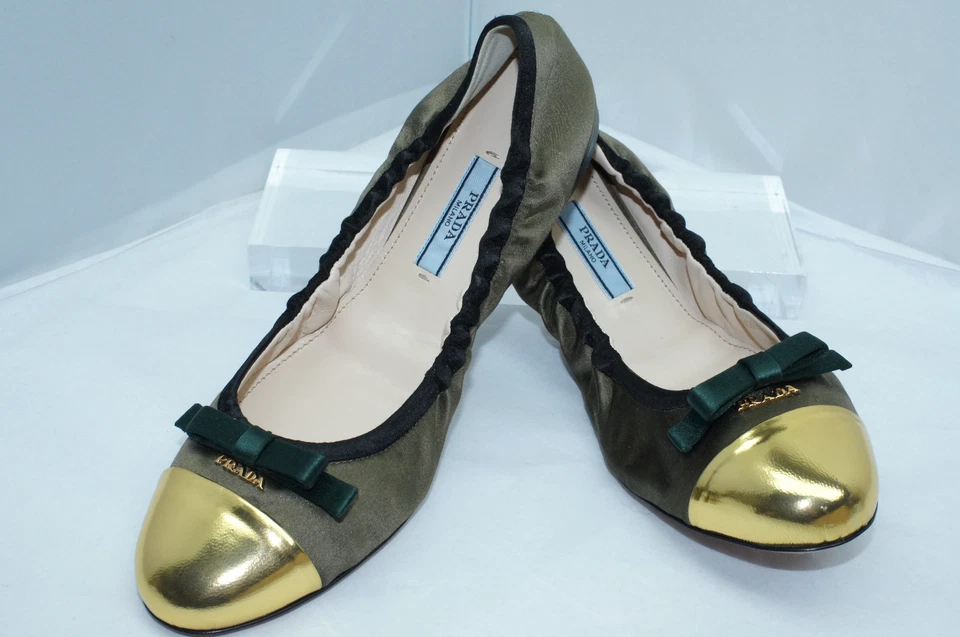 Nuevos zapatos para mujer Prada bailarina planos talla 37 verde dorado ballet Foto 2 de 4