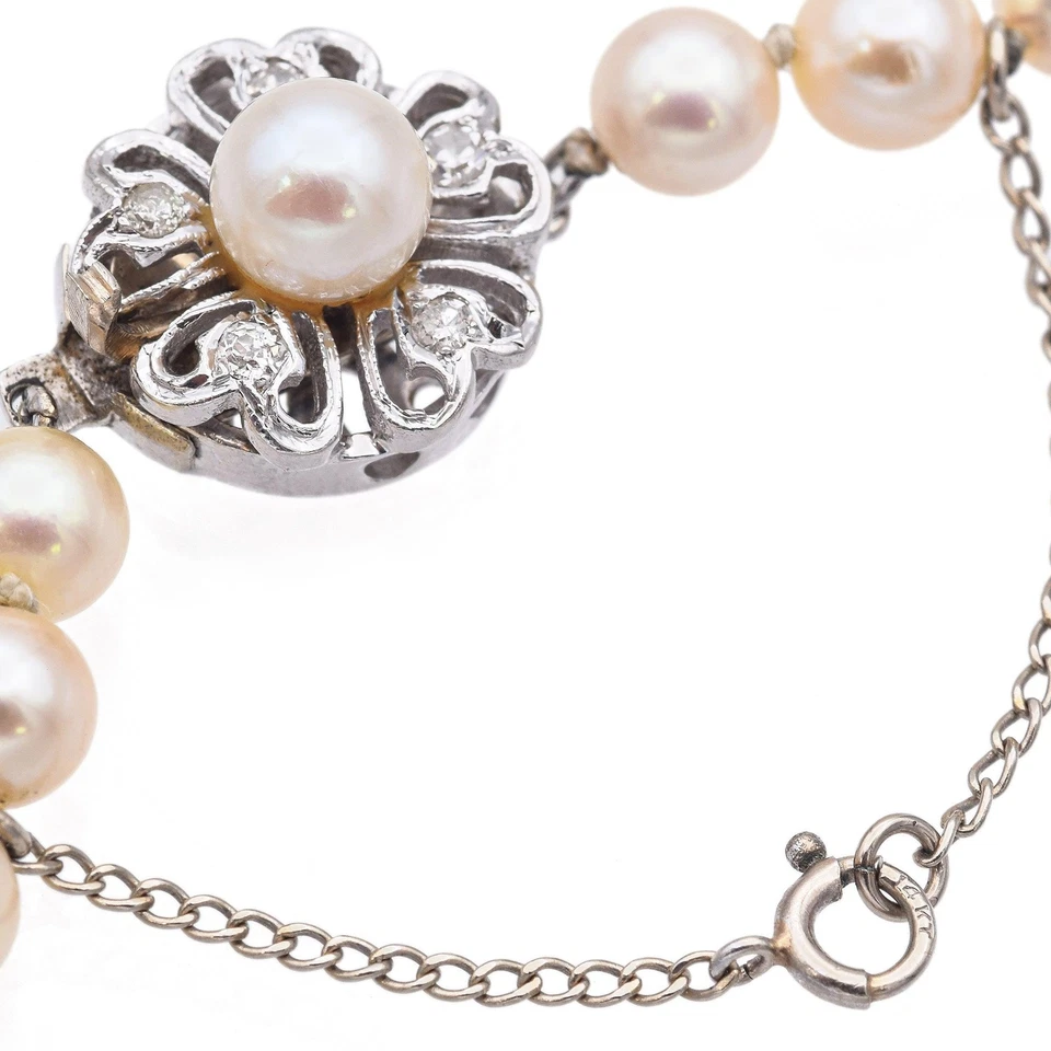 Collar vintage de oro blanco con perlas y diamantes broche floral con cuentas Foto 4 de 4