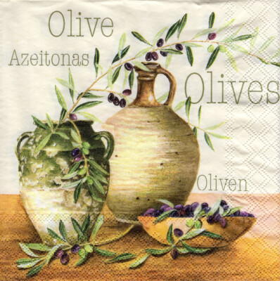 3 Servietten~ Essen, Olivenfrüchte, Olivenöl, Krüge, Mediterranean Olives ~33x33