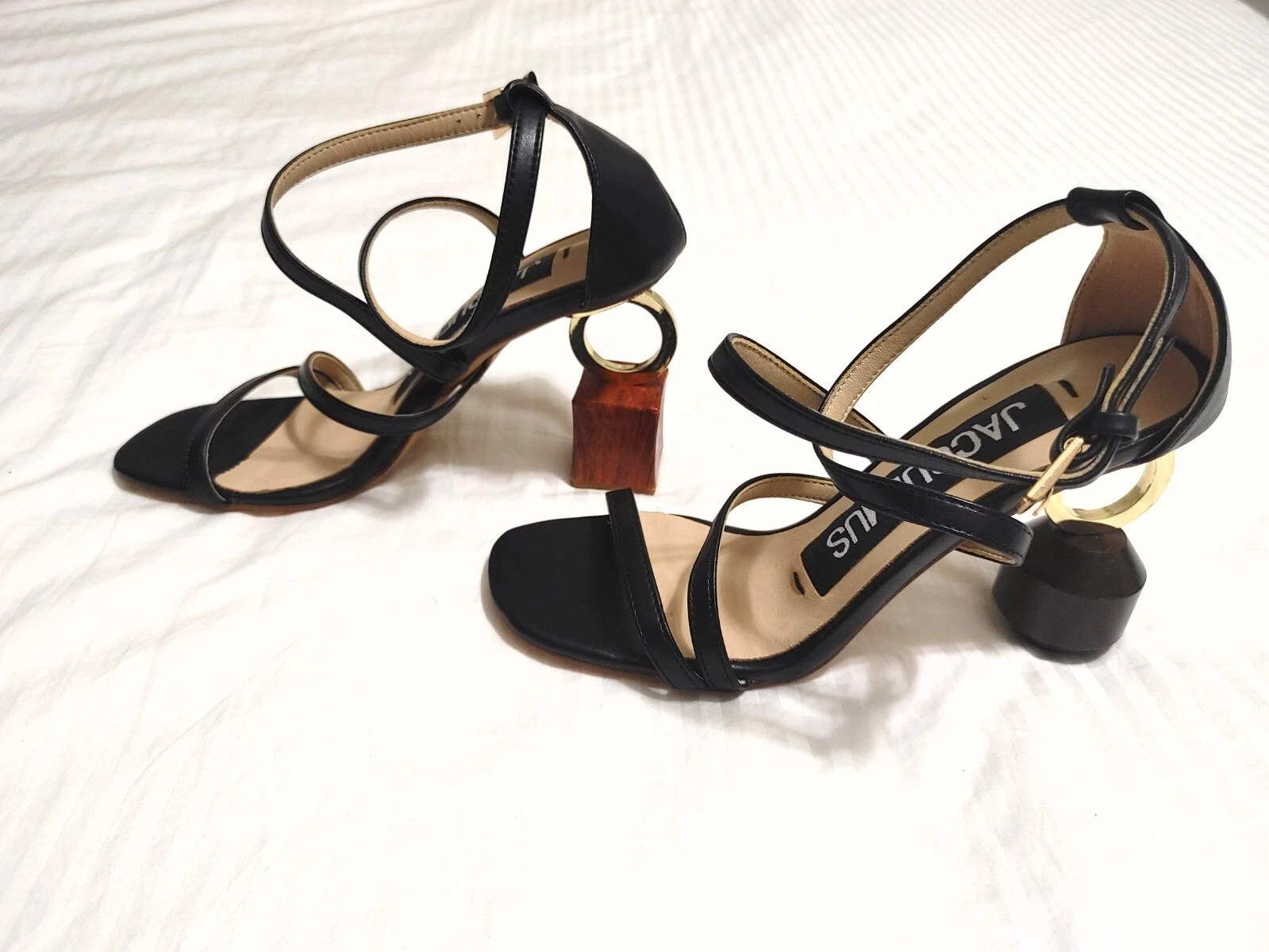Jacquemus — JACQUEMUS Size 7.5 Architectural Wood Block Gold Ring Black Strappy Heel Shoe