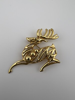 Vintage Gold Tone Christmas Deer shaped 2.5'' wide Holliday pin brooch, Used.