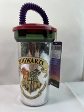 Vintage 2000 Harry Potter Silver Hogwarts School Crest Water Cup With Straw