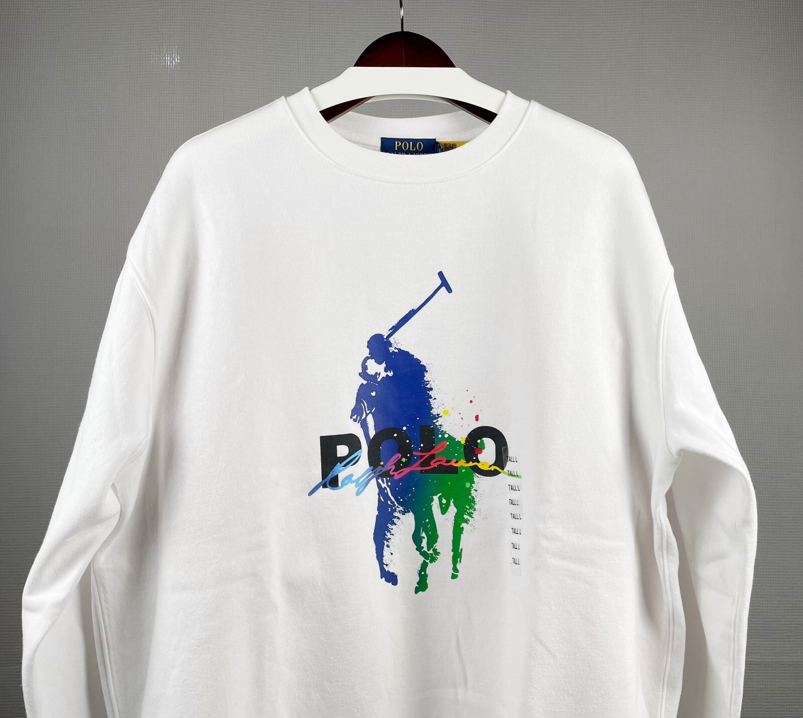 Polo RALPH LAUREN uomo grande e alta bianca big pony vernice splatter nuova con etichette felpa