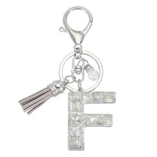Initial Letter Keychain with Tassel, Alphabet Letter F Keyring, Silver