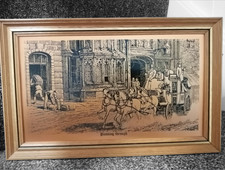 Vintage Copper Etching Coaching Carriage Horses Passing Through England