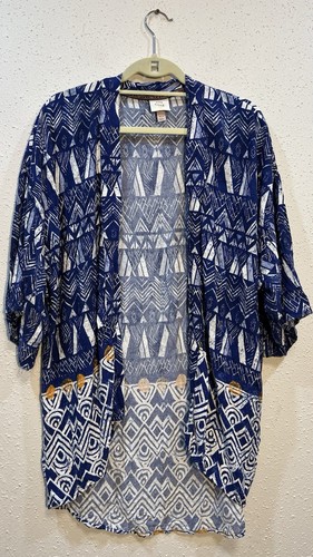 Knox Rose Women Aztec Kimono Duster Cardigan size Large Blue Southwestern Boho - Picture 12 of 13