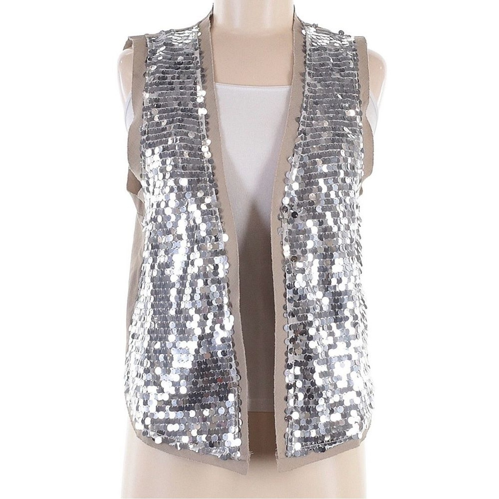 Silver Sequin Statement Vest Open Front – Size M - image 1