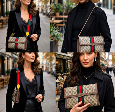 Gucci Brown GG Canvas Web Sherry Stripe Clutch/ CROSDBODY BAG AUTHENTIC VINTAGE