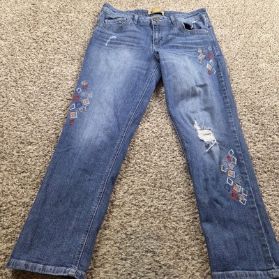 Democracy Jeans Womens 10 Girlfriend Embroidered Distressed Medium Wash Denim